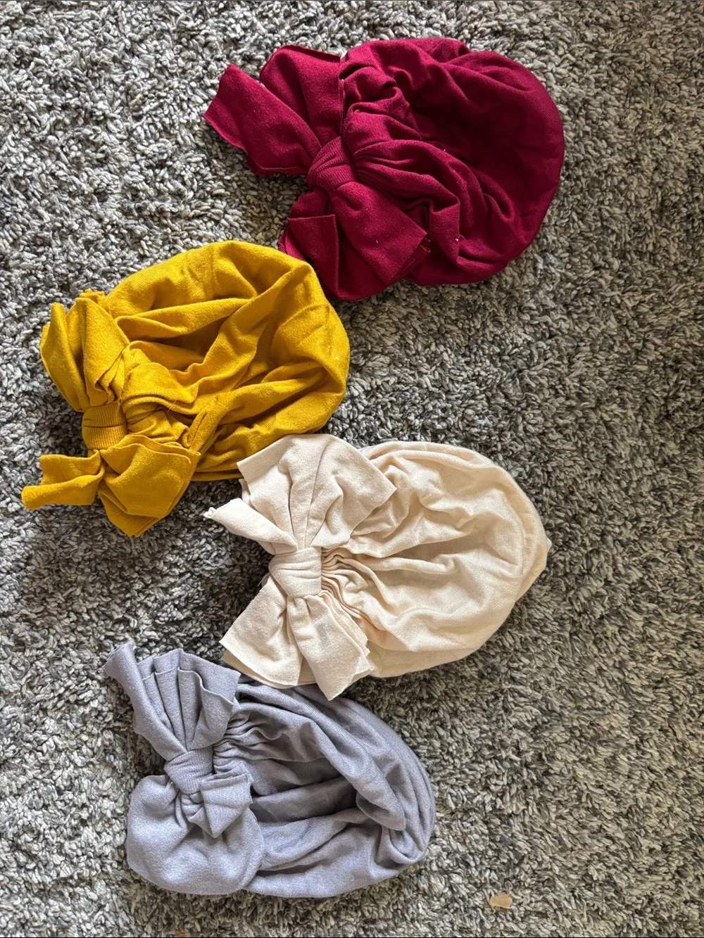 Set of 4 Knotted Turban Headwraps - Red, Mustard, Cream, Gray